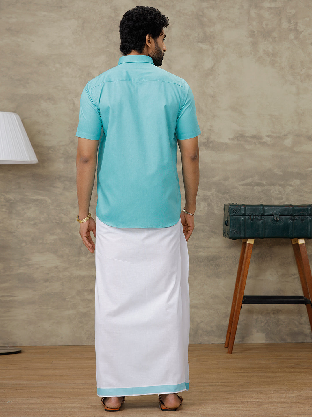 Men Turquoise Blue Shirt With Matching Border Dhoti Set Evolution