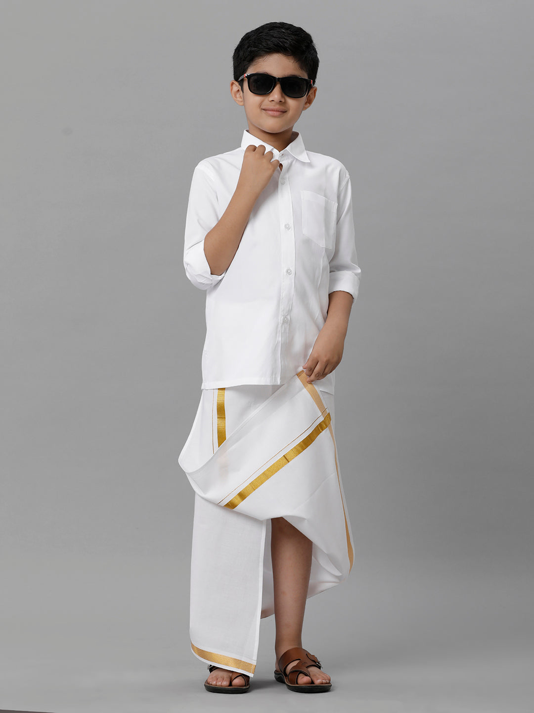 Boys Cotton Shirt with Dhoti Set White Full-Front virew