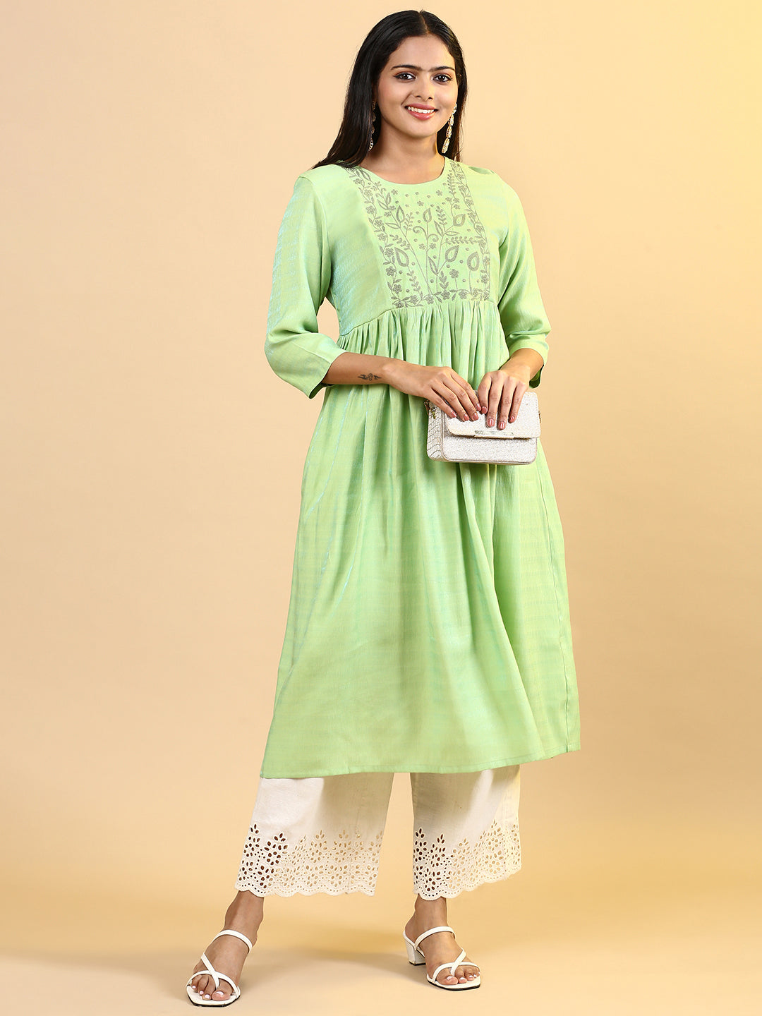 Women Cotton Embroidered Round Neck Kurti Parrot Green EKS12