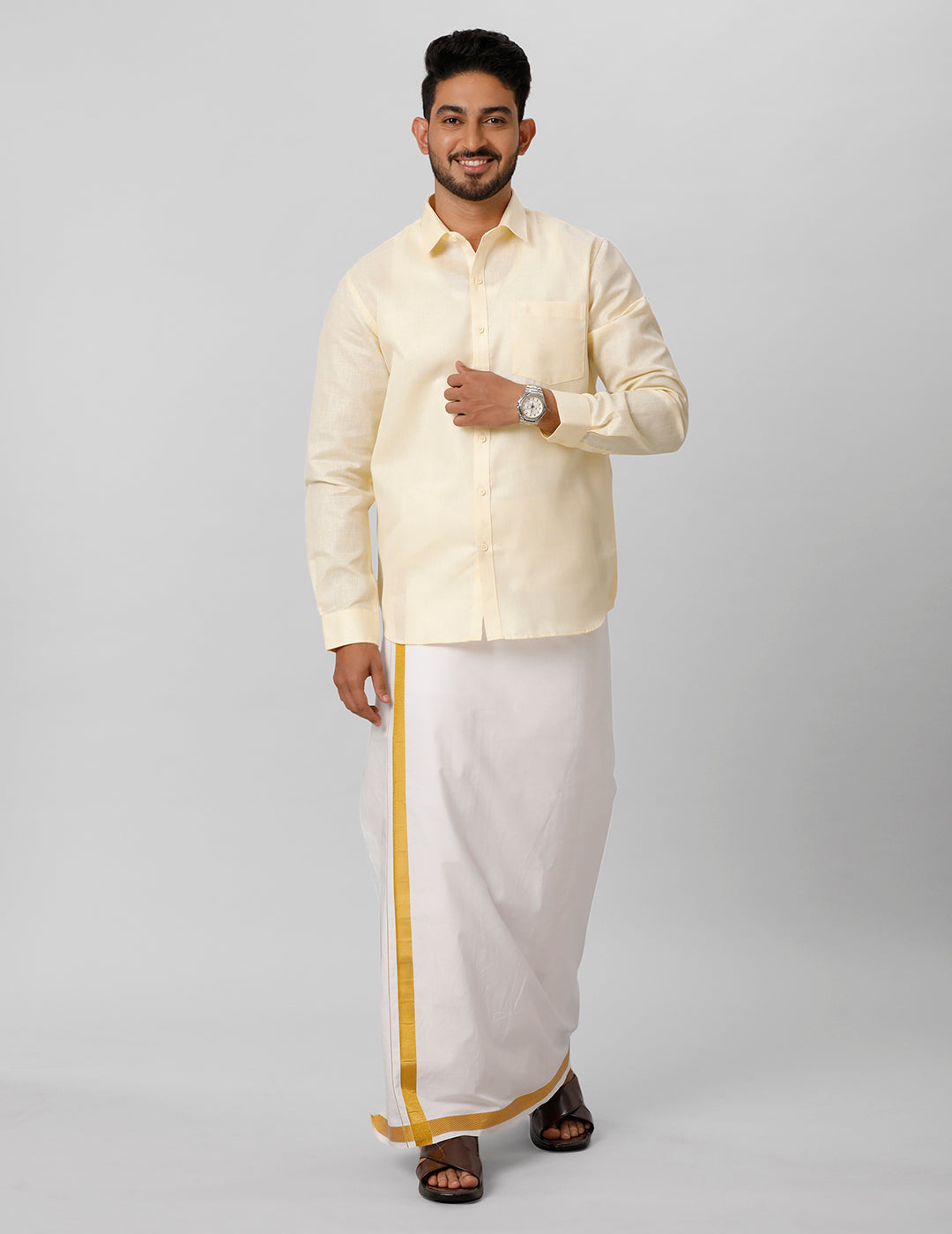 Mens Cotton Formal Shirt Full Sleeves Yellow T3 CV1-Full view