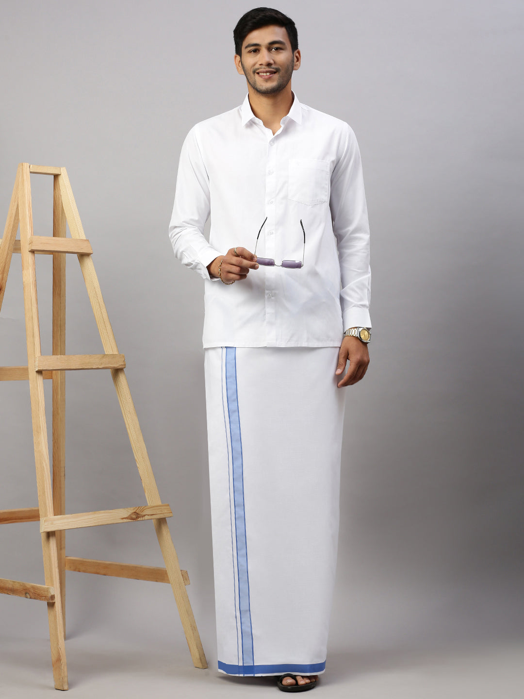 Mens Prestigious Look Cotton Single Dhoti with Blue Fancy Border - Winner Plain