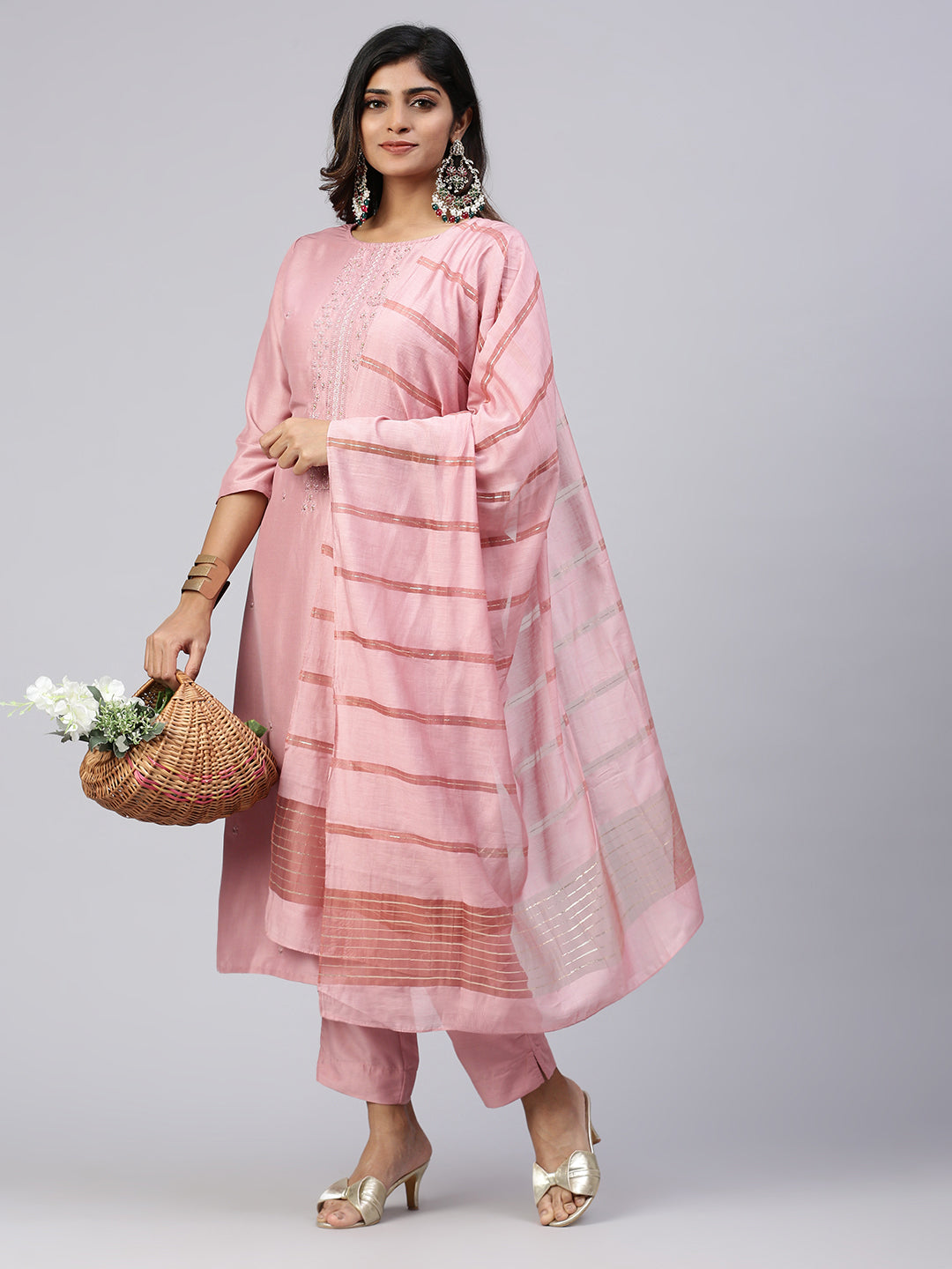 Women Cotton Embroidered Kurti Sets Pink EKS30