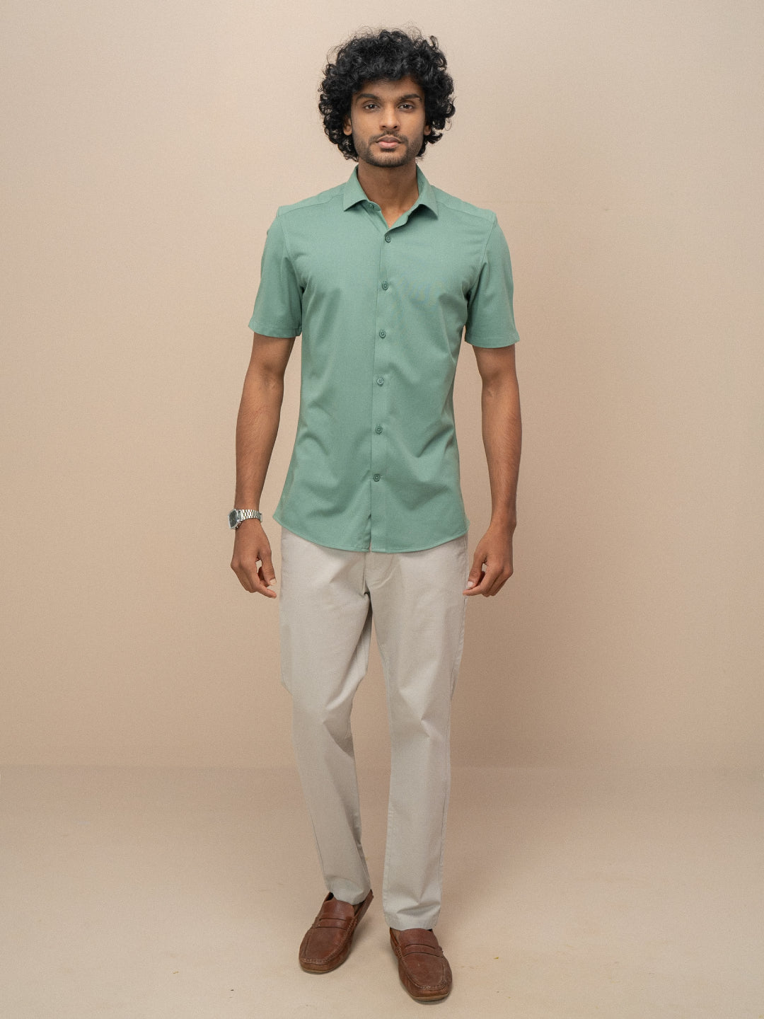Men Poly Cotton Stretchable Green Half Sleeves Shirt ER2