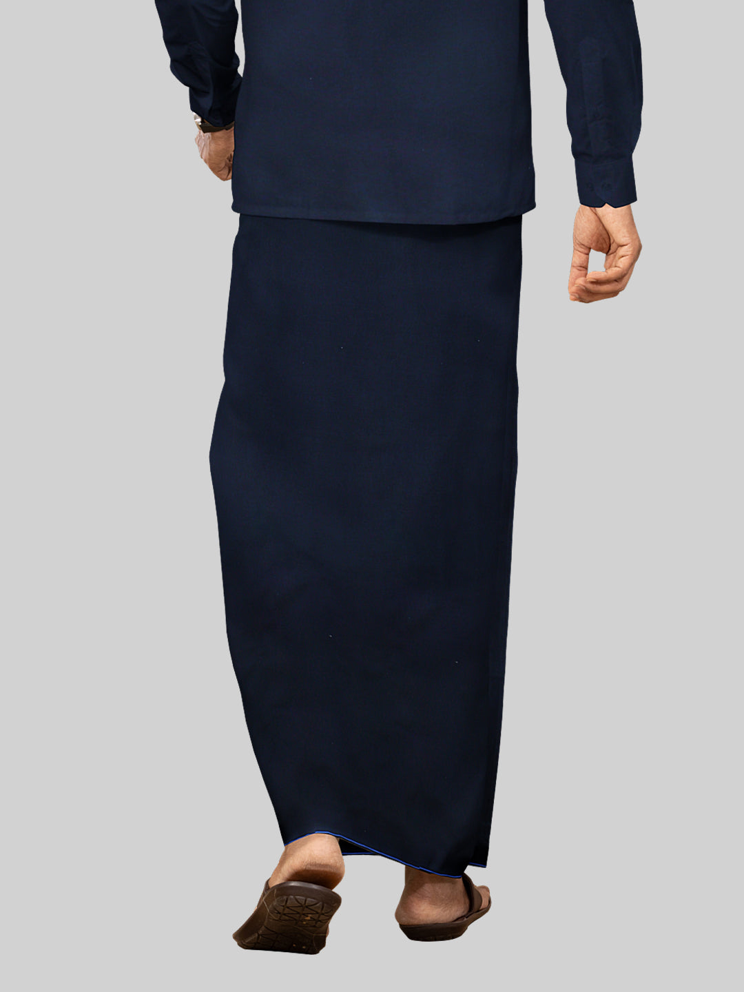 Men Cotton Blend Single Layer Black Dhoti & Towel Set with Blue Small Border Sudhan