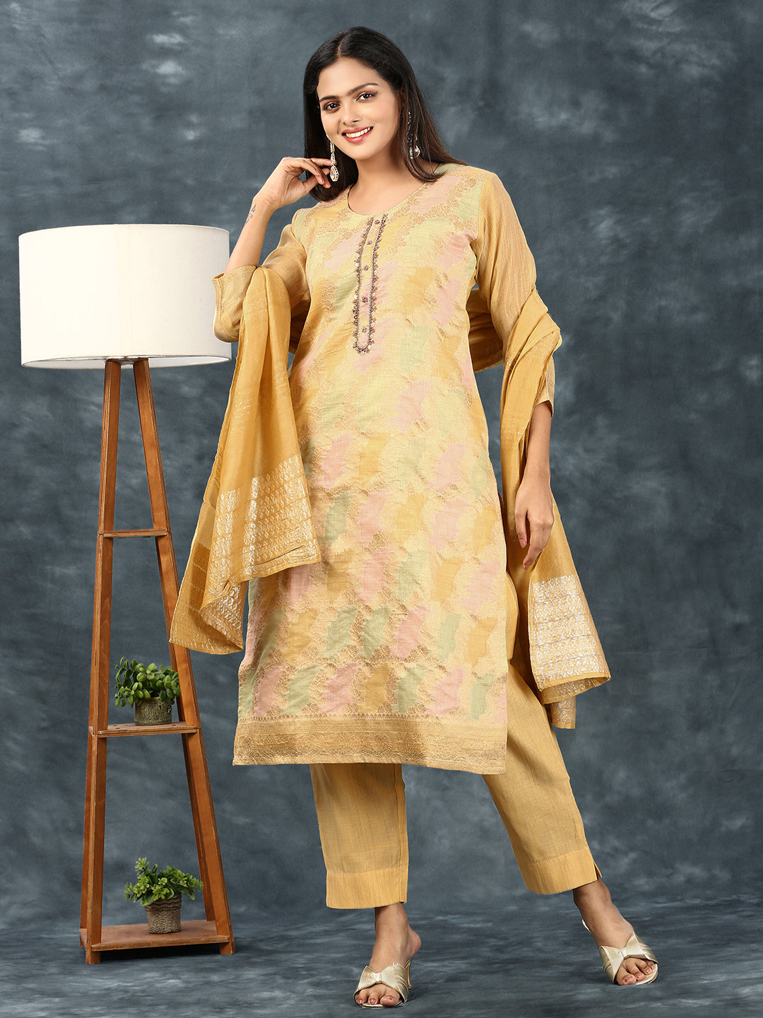 Womens Cotton Embroidered Kurti Sets Yellow EKS15