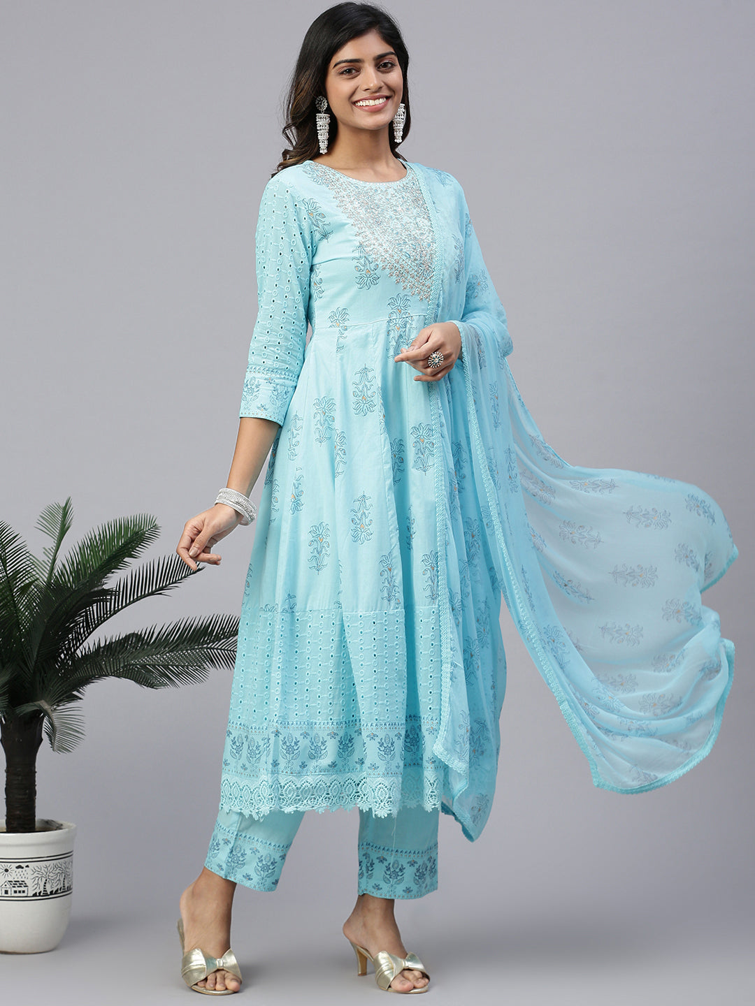 Women Cotton Embroidered Kurti Sets Blue EKS20