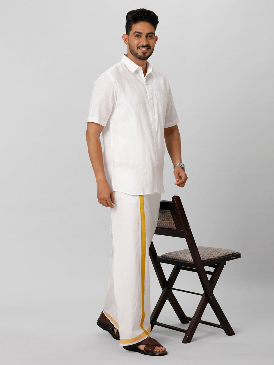 Mens Rich Linen Cotton White Shirt Half Sleeves-Full view