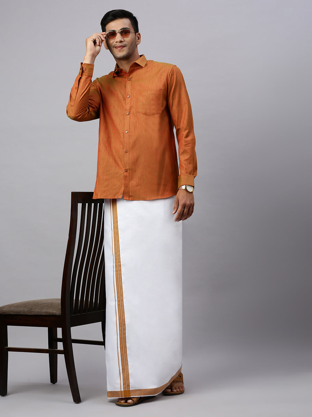 Mens Brown Matching Border Dhoti & Full Sleeves Shirt Set CV3