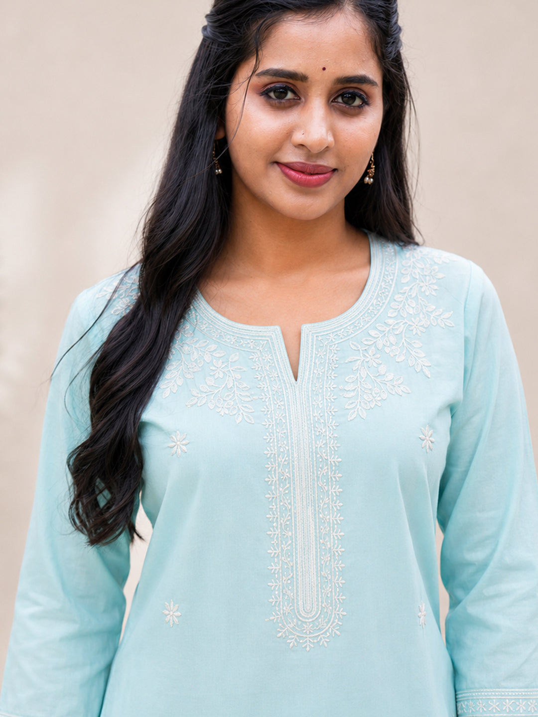 Women Cotton Embroidered Sky Blue Kurti Set EKS139