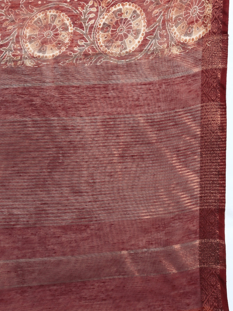 Womens Semi Linen Flower Digital Print Maroon & Sandal Saree SL57
