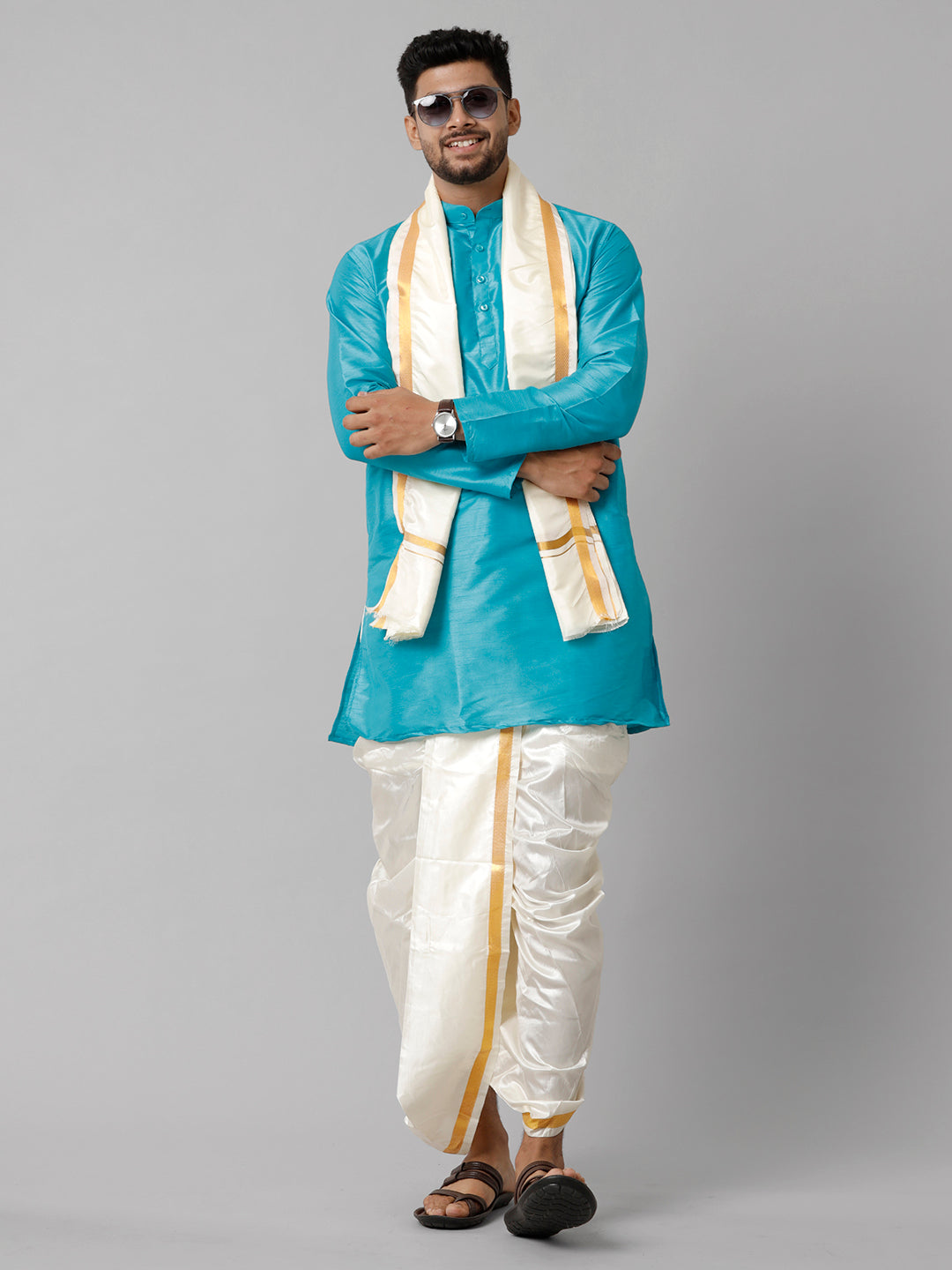 Mens Polyster Sky Blue Medium Length Kurta with Art Silk Panchakacham Towel Combo SL02-Front view