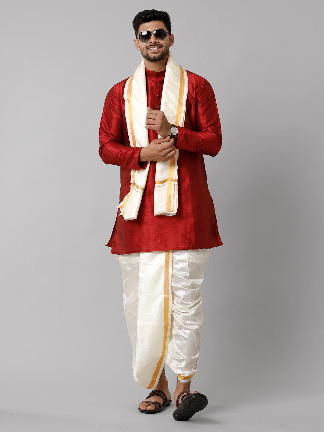 Mens Polyster Red Medium Length Kurta with Art Silk Panchakacham Towel Combo SL06