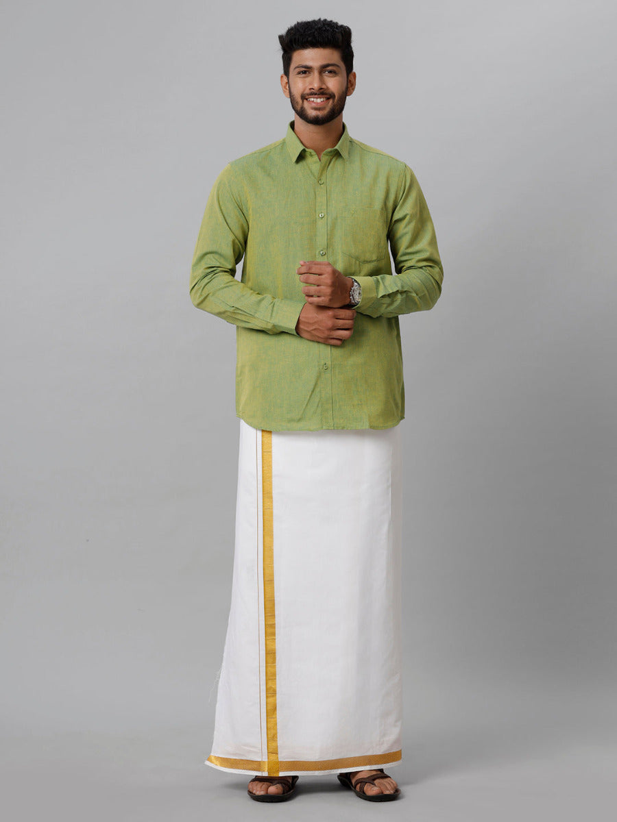 Mens Linen Cotton Formal Yellowish Green Full Sleeves Shirt LF9-Full view