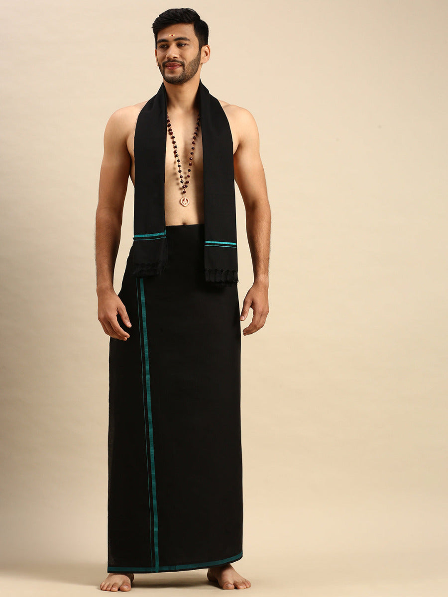 Men Devotional Half Sleeve Shirt Dhoti & Towel 3 in 1 Black