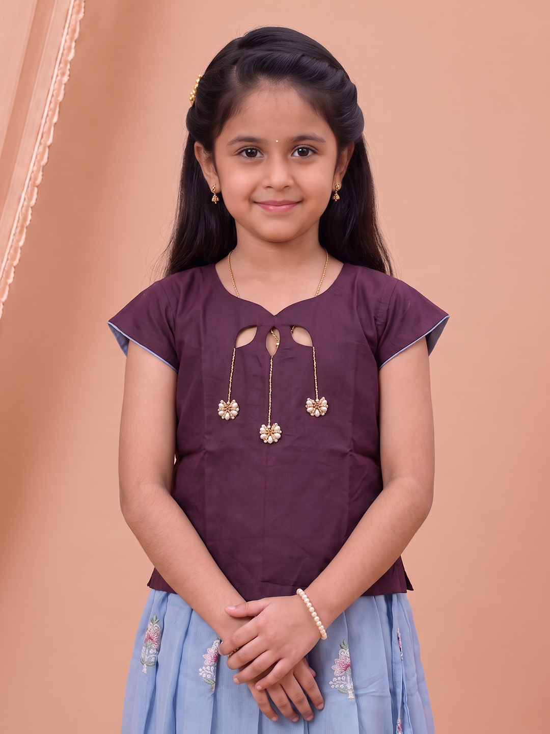 Girls Art Silk Dark Purple with Blue Pattu Pavadai Set GPS81