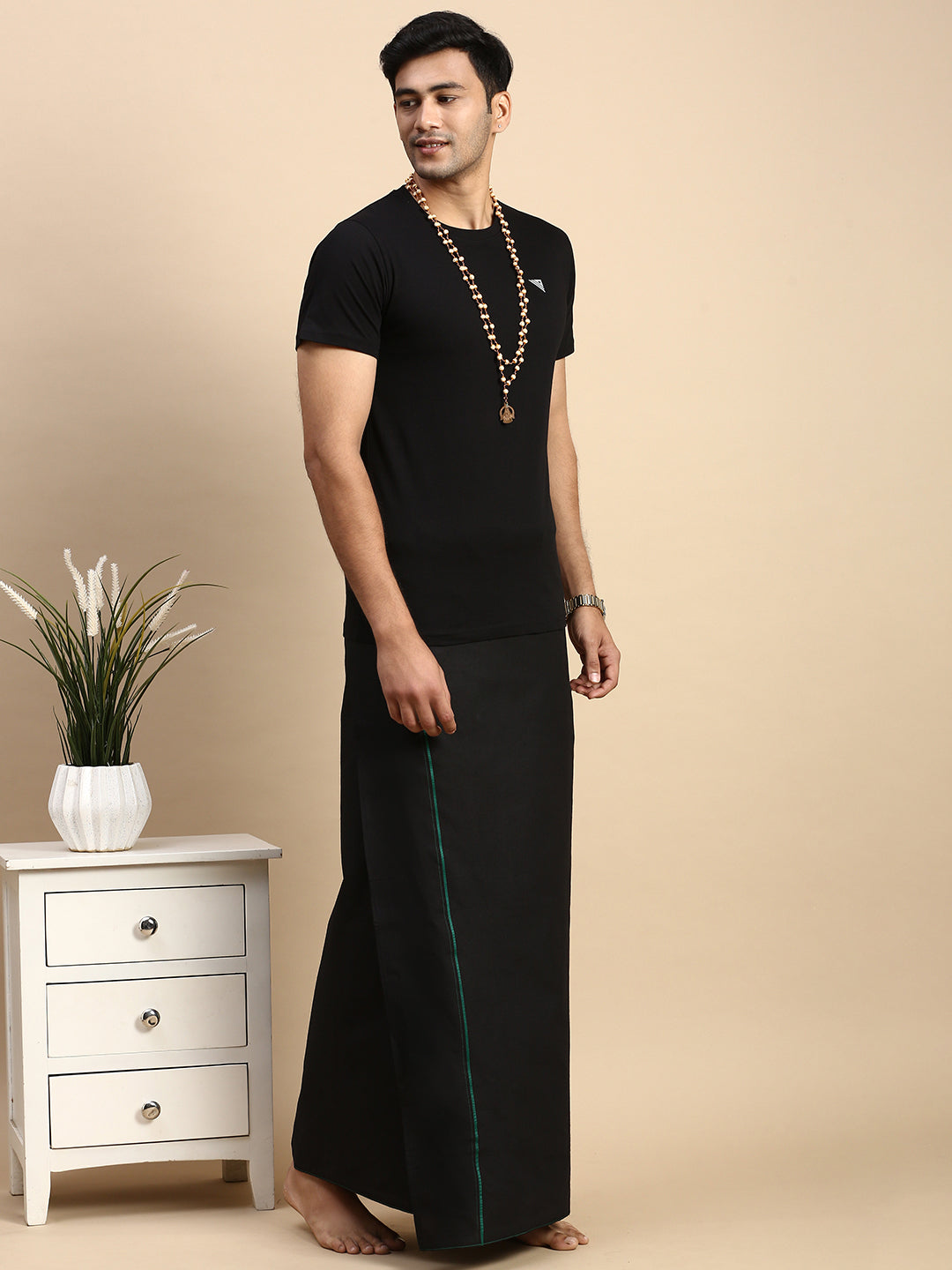 Men Devotional Small Border Dhoti & TShirt Set Black ET14