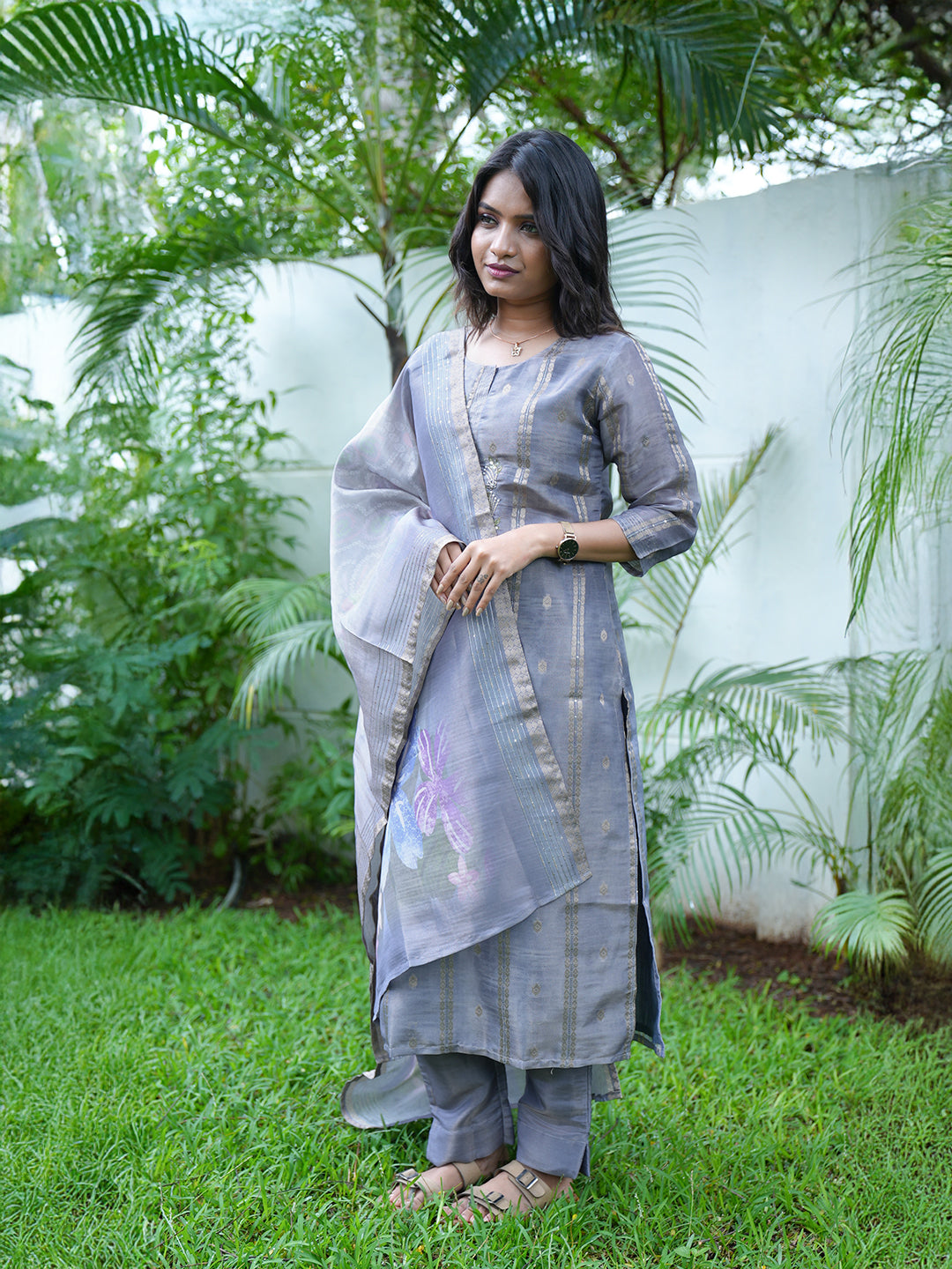 Women Violet Tissue Printed Kurti Set EKS127