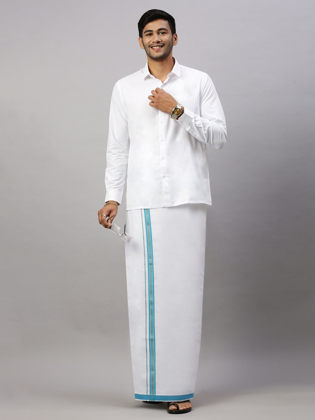 Mens Cotton Single Dhoti with Turquoise Blue Fancy Border - WGF04