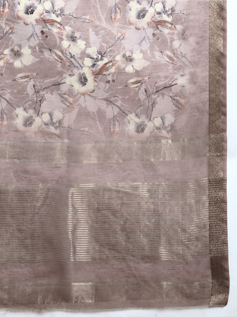 Womens Semi Linen Flower Digital Brown & Dark Grey Saree SL61