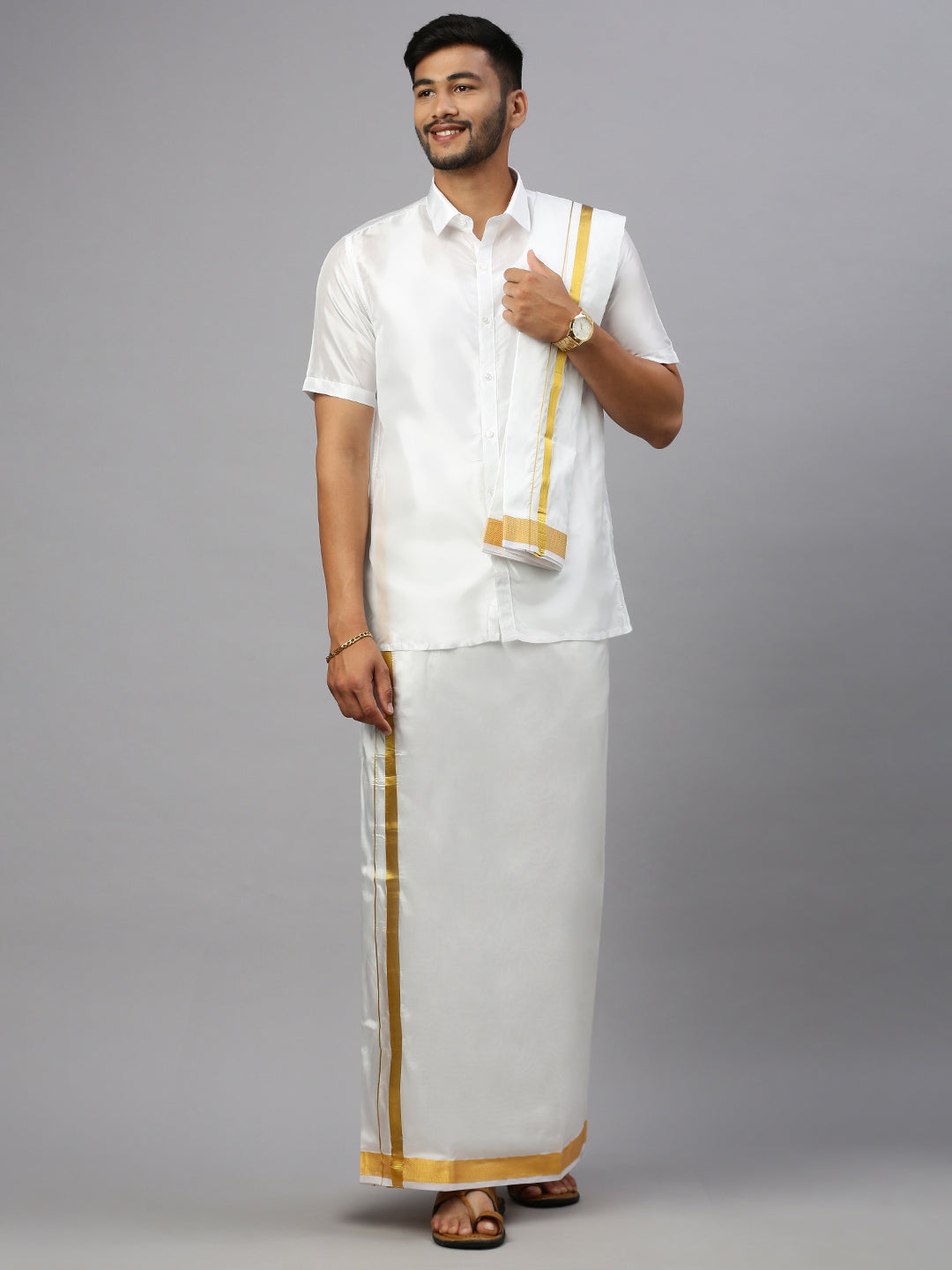 Men Pure Silk White Dhoti + Towel 1" Jari Border Thirukalyan