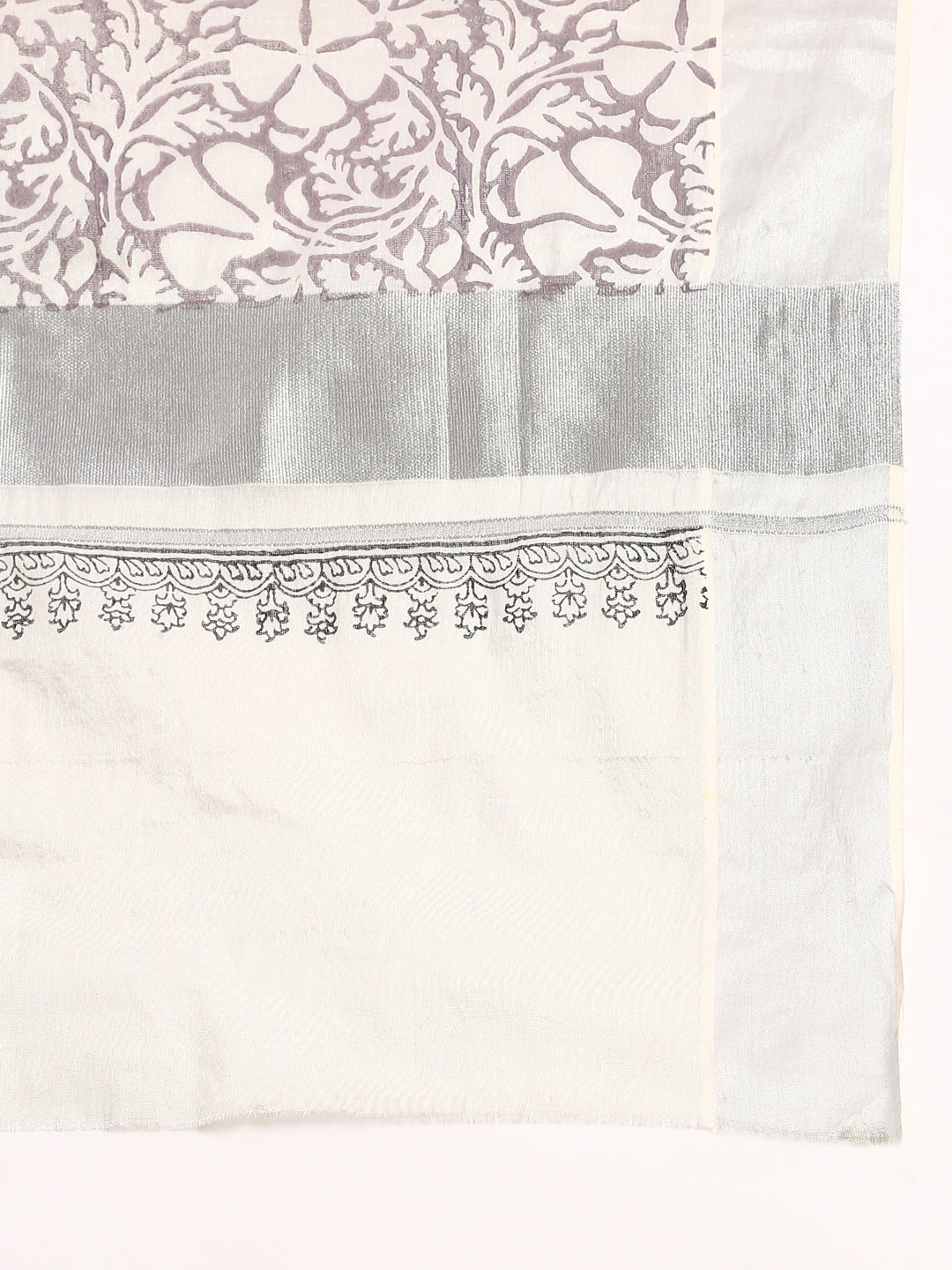 Womens Kerala Tissue Printed Silver Jari Border Saree OKS34-zari view