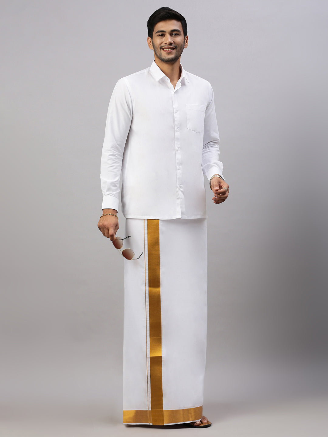 Mens Double Dhoti White with Gold Jari 1 1/2" Gold Special Pet