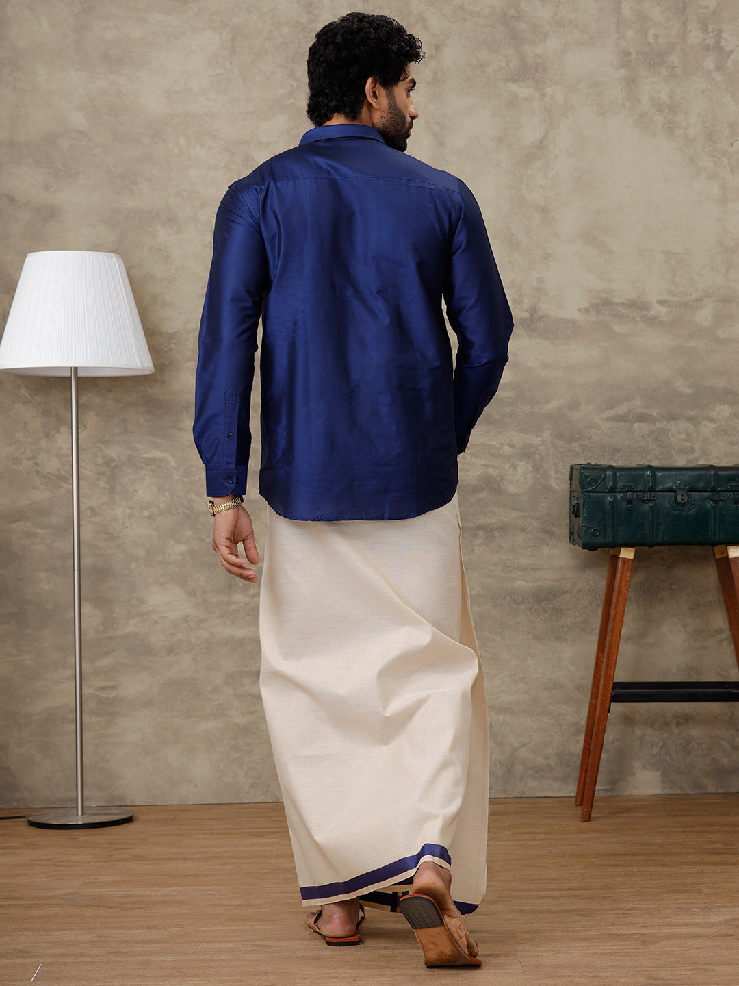 Men Blue Silk Cotton Shirt With Matching Border Tissue Dhoti Set CCB Fortune