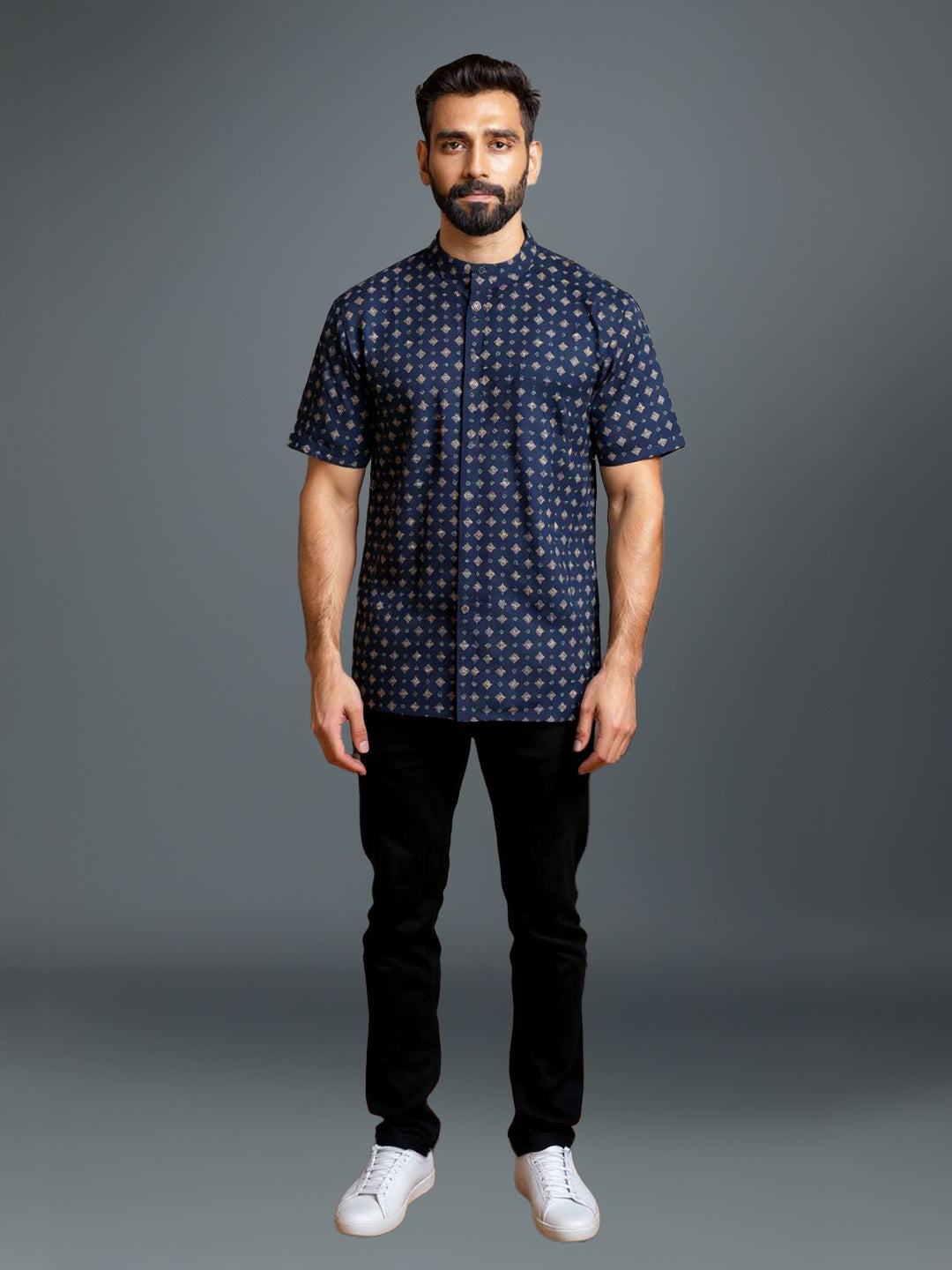 Men Cotton Short Length Printed Pocket Kurta Ink Blue OE1