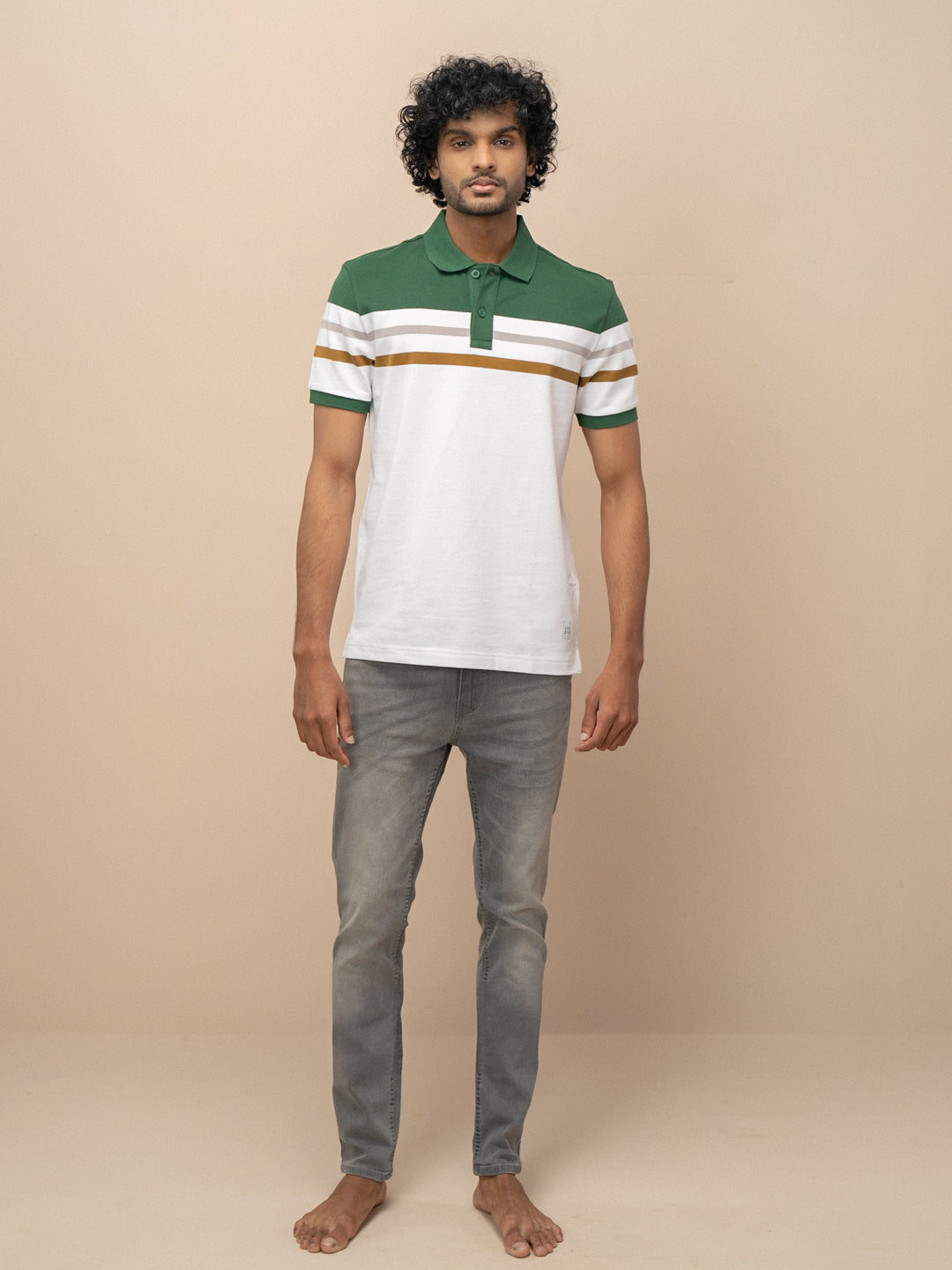 Men Combed Cotton Rich Smart Fit Engineered Polo T-Shirt Green with White EN15