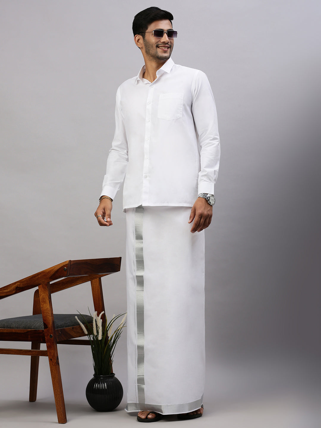 Mens Double Dhoti White with 1 1/2 " Jari Silver Special Pet