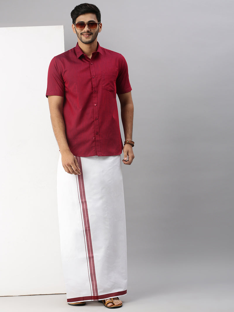 Mens Purple Matching Border Dhoti & Half Sleeves Shirt Set Evolution IC6