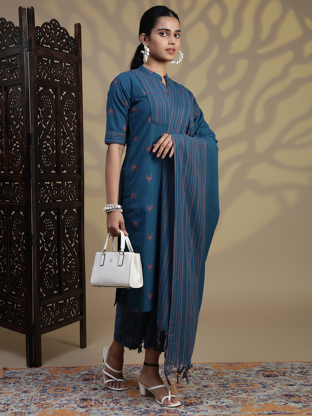 Women Cotton Blue Stripes Design Kurti Set EKS96