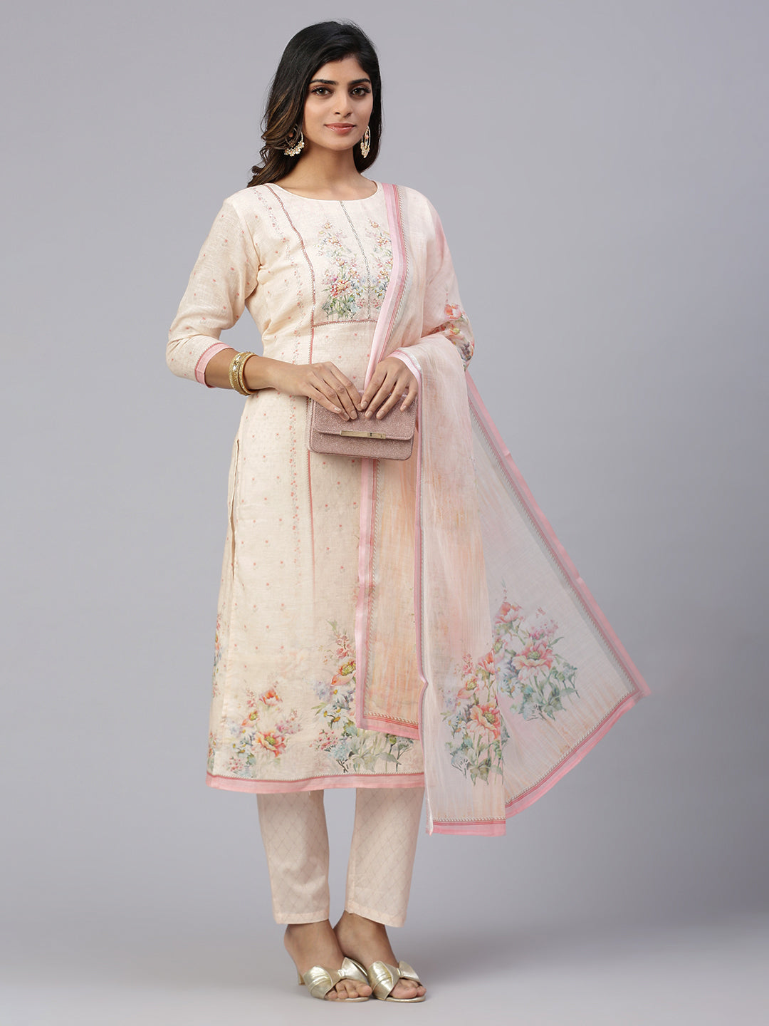 Women Cotton Embroidered Kurti Sets Peach EKS33