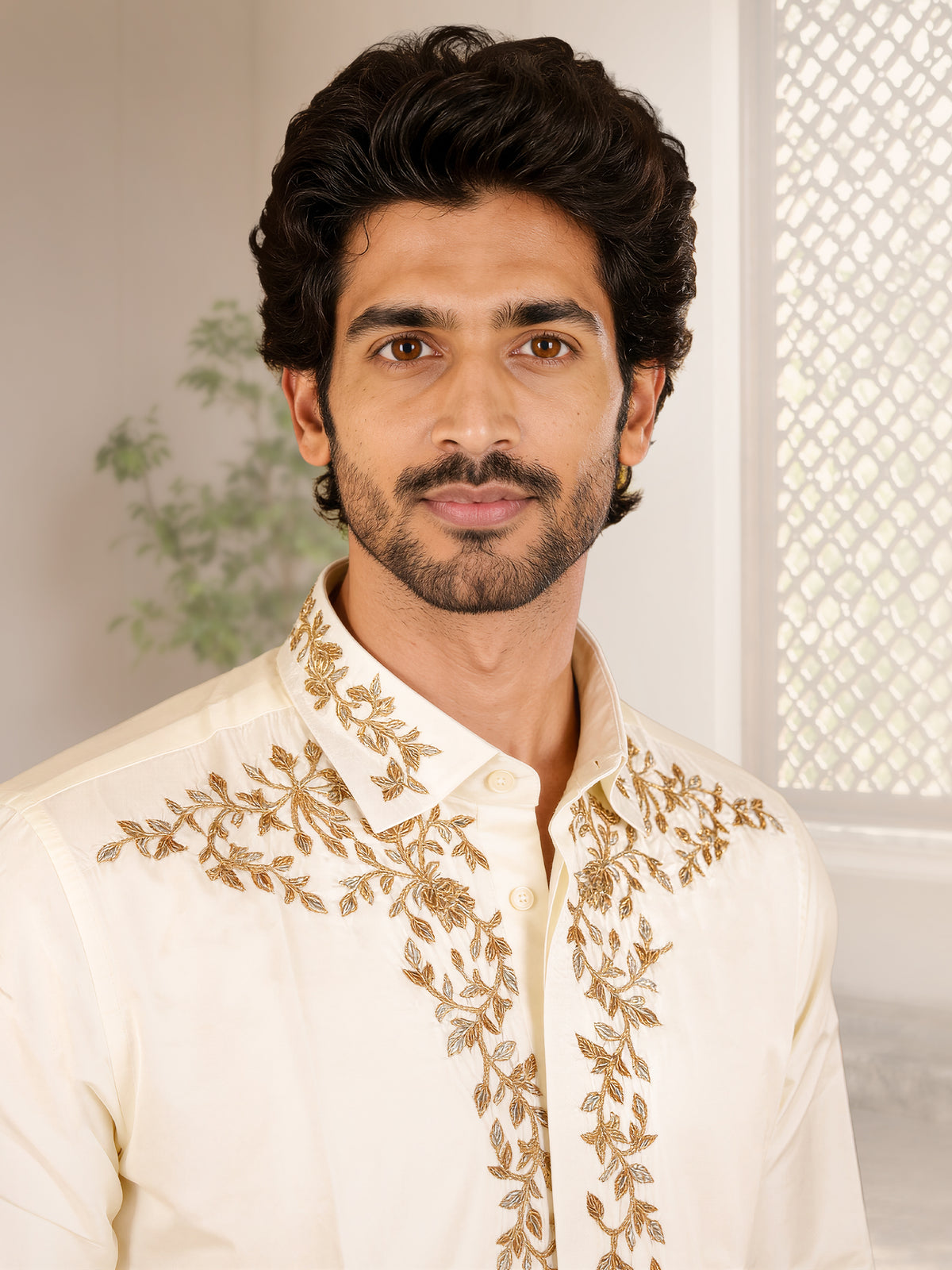 LAGNAA Premium Pure Silk Hand Embroidered Designer Shirt & Dhoti Set with Double Sided Leaf Vine Jari Work | Astra Varman