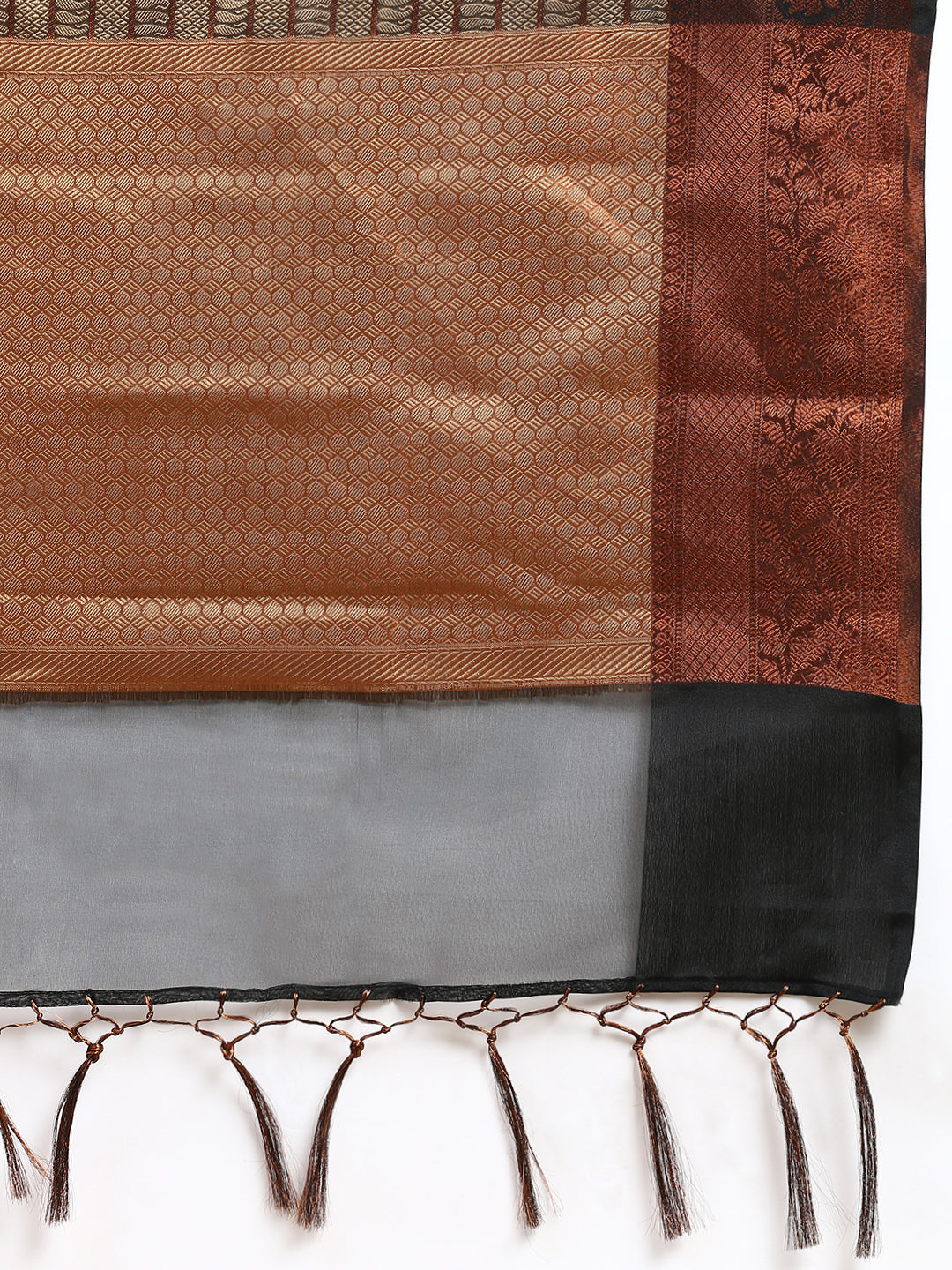 Semi Kora Cotton Allover Design Saree Black with Copper Zari Border SKC04-Zari view