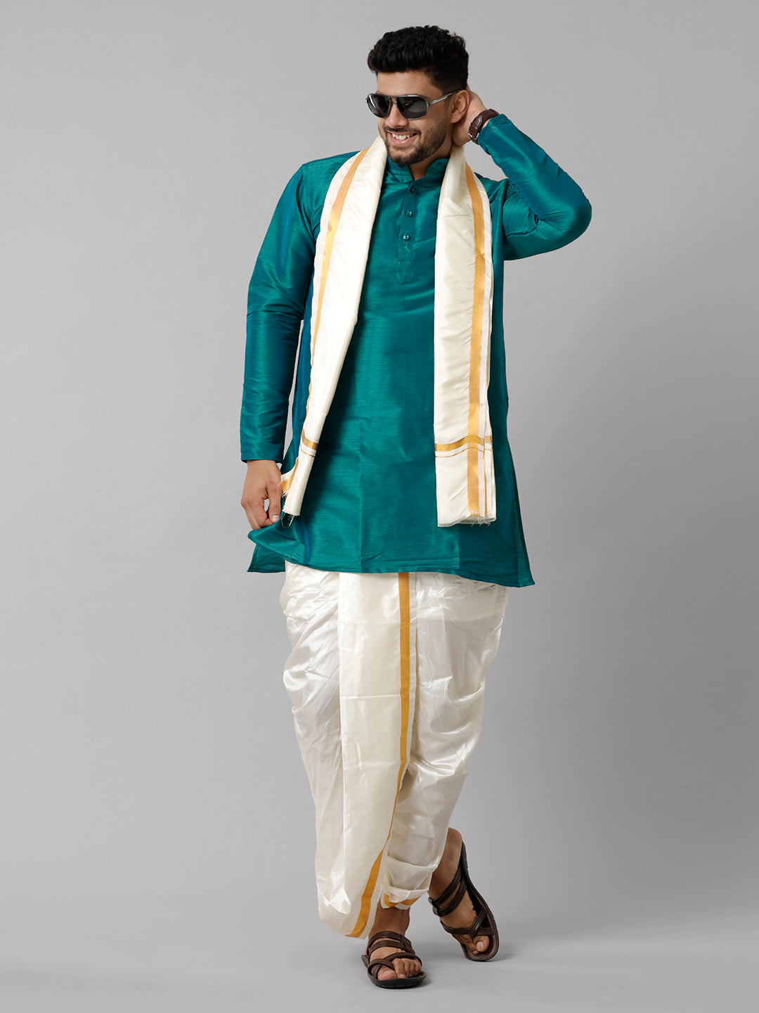 Mens Polyster Dark Green Medium Length Kurta with Art Silk Panchakacham Towel Combo SL04-Front view
