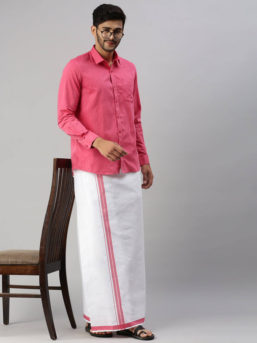Mens Pink Matching Border Dhoti & Full Sleeves Shirt Set Evolution IC2-Front view