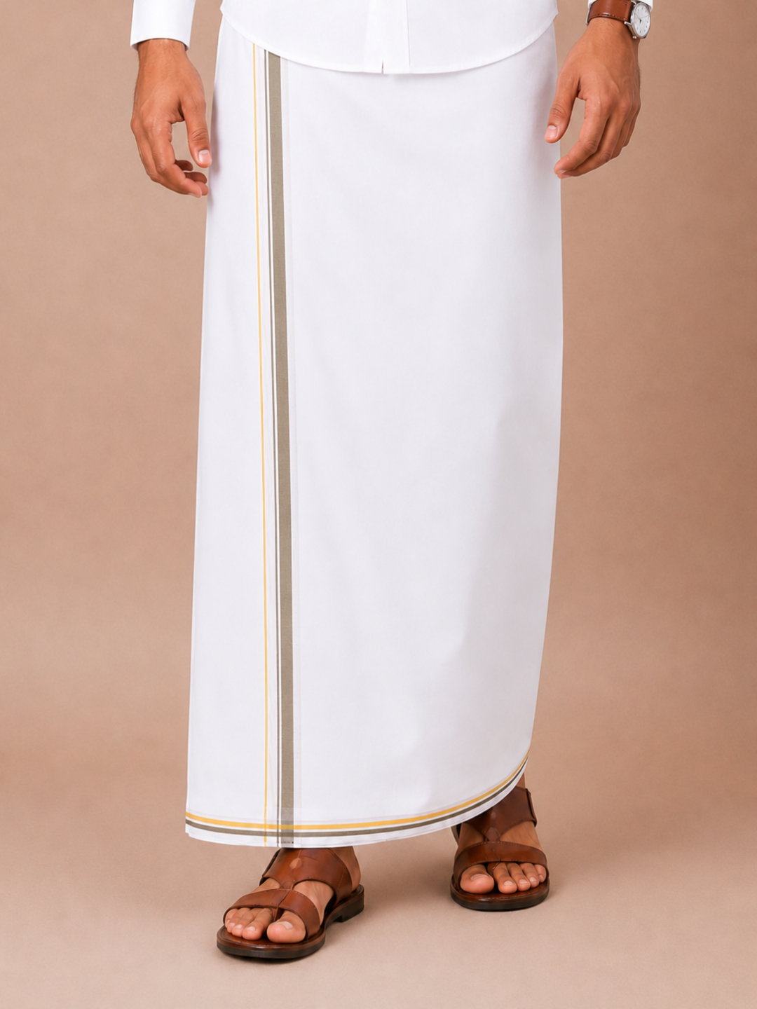 Men 100% Cotton Double Layer White Dhoti with Big Border Property PT03