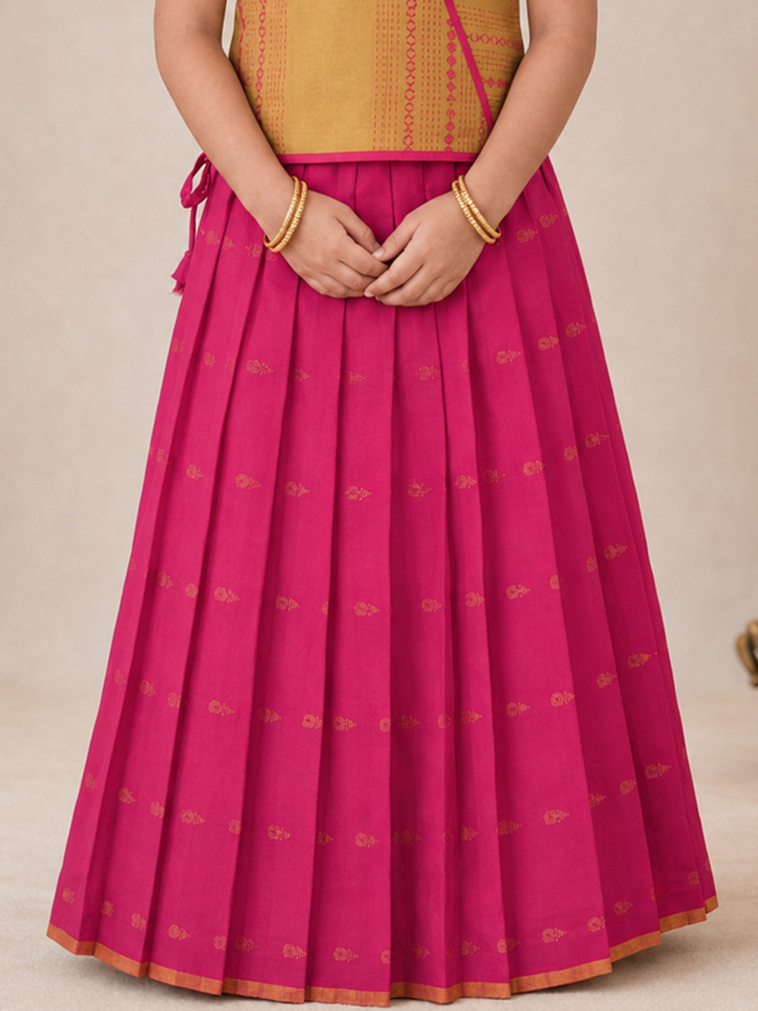 Girls Cotton Mustard Pattu Pavadai Set GPS47