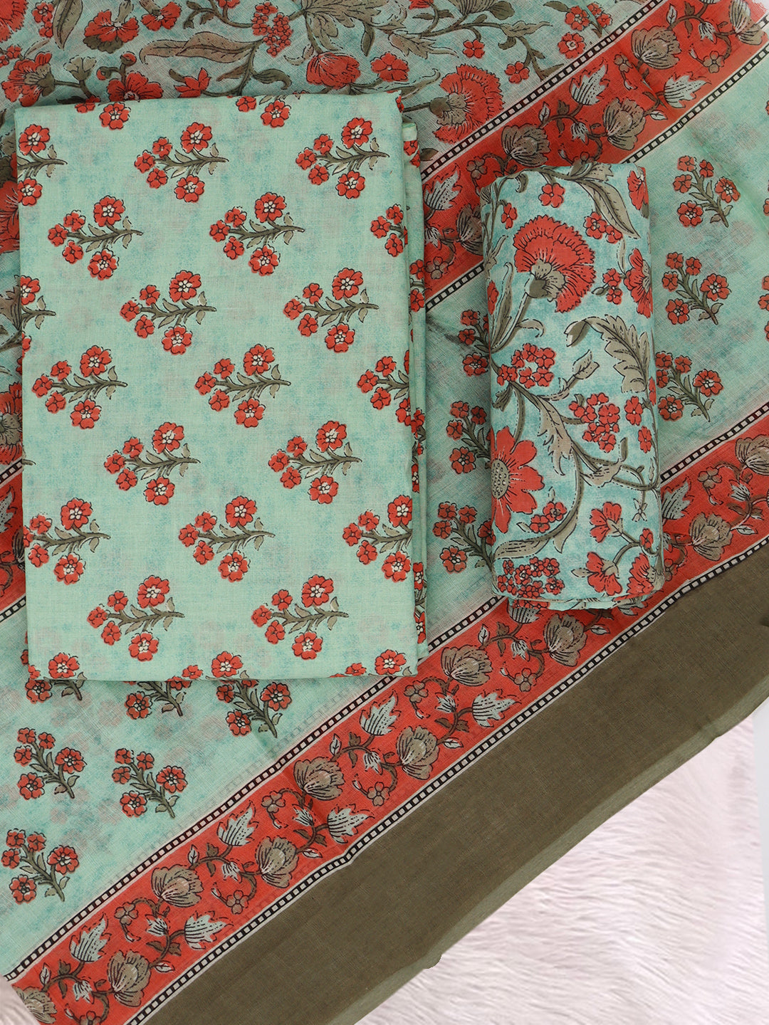 Women Pure Cotton Printed Dress Material Green with Orange DM338