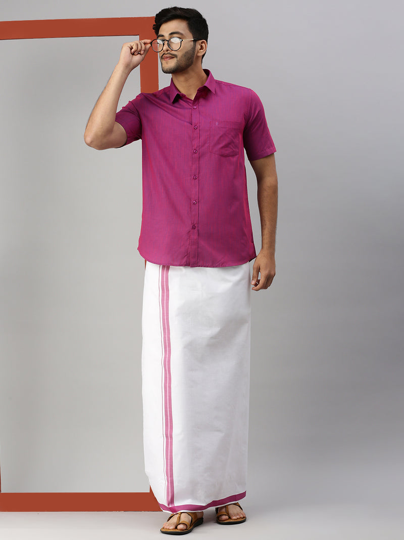 Mens Magenta Matching Border Dhoti & Half Sleeves Shirt Set Evolution IC3