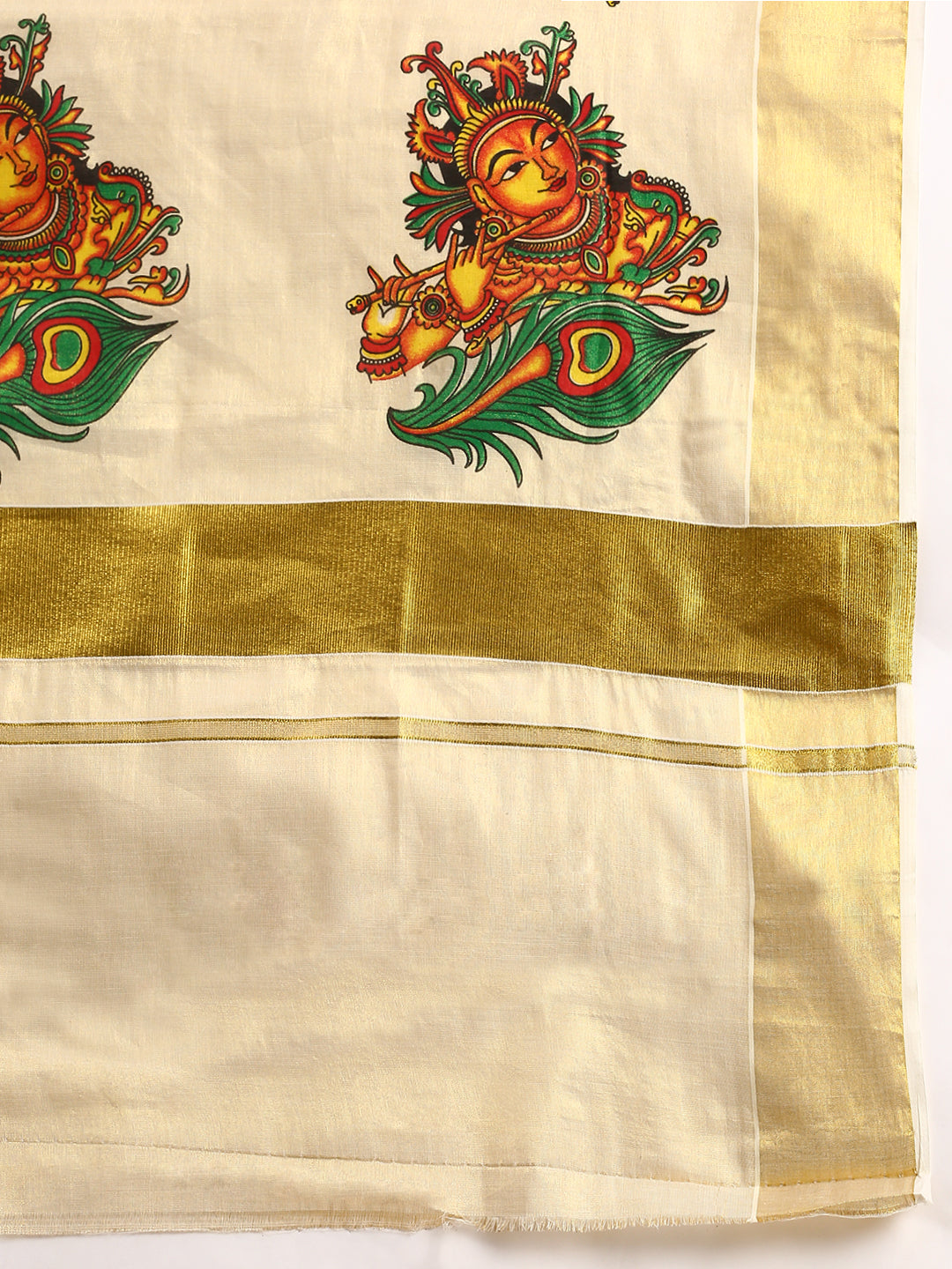 Womens Kerala Tissue Krishna with Flute Printed Gold Jari Border Saree OKS37-Zari view