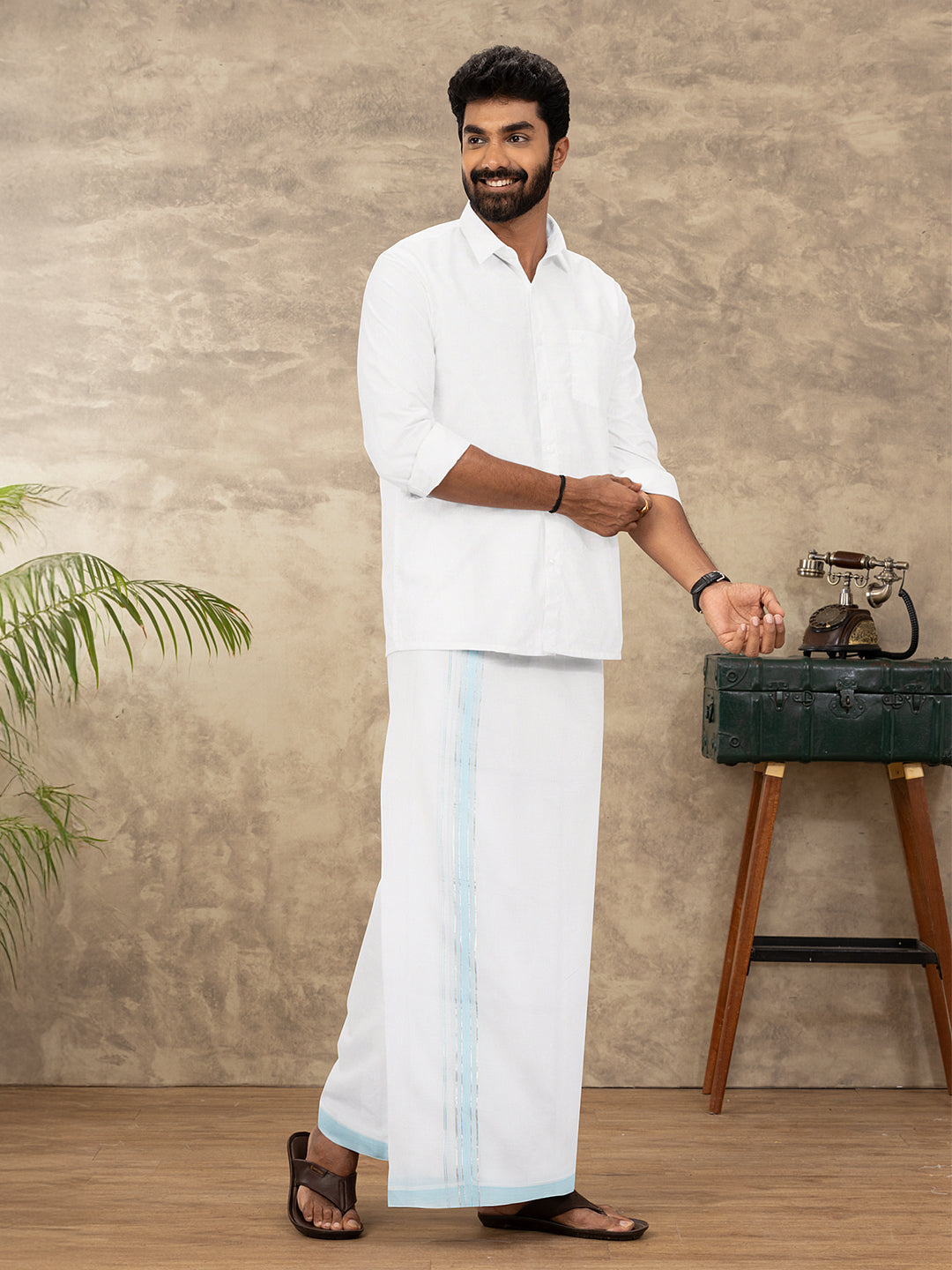 Men 100% Cotton Double Layer White Dhoti with Fancy Jari Border EJF18