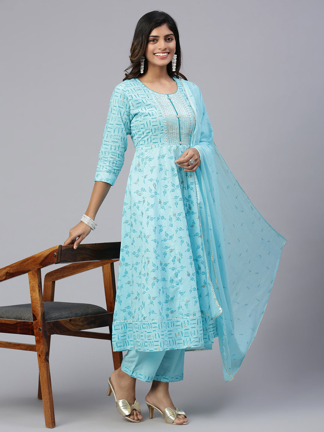 Women Embroidered & Printed Kurti Sets SkyBlue EKS22