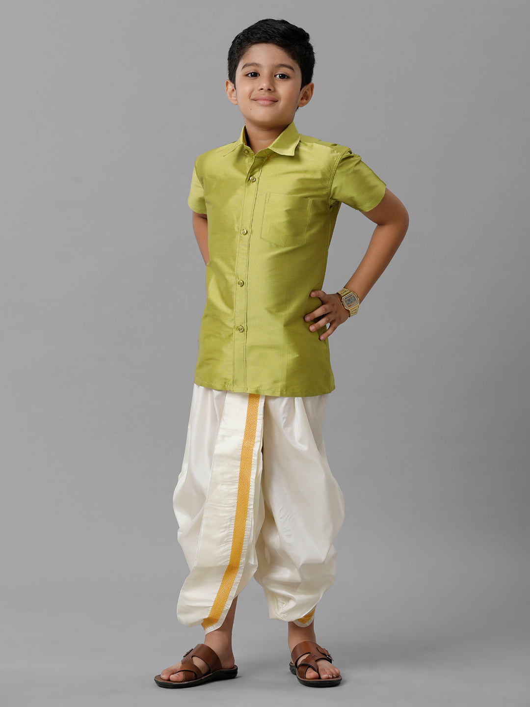 Boys Silk Cotton Lemon Green Half Sleeves Shirt with Soft Silk Panchakacham Combo K44-Full view