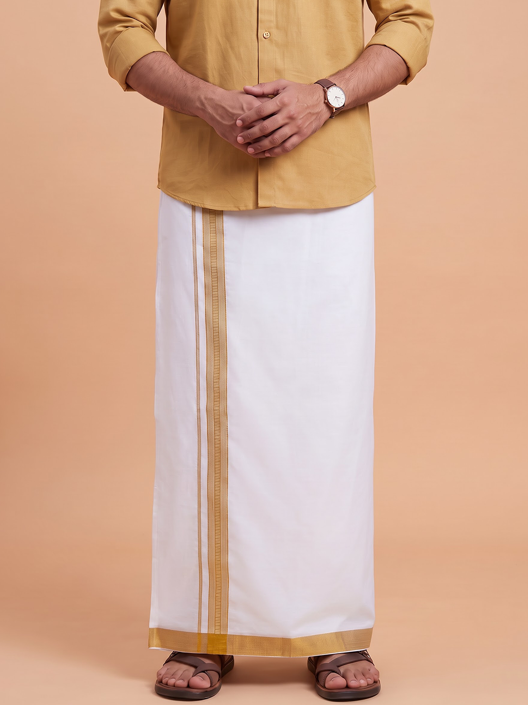 Single Layer 100% Cotton White Dhoti With 1 1/2 Inch Jacquard Gold Jari Border - GG06