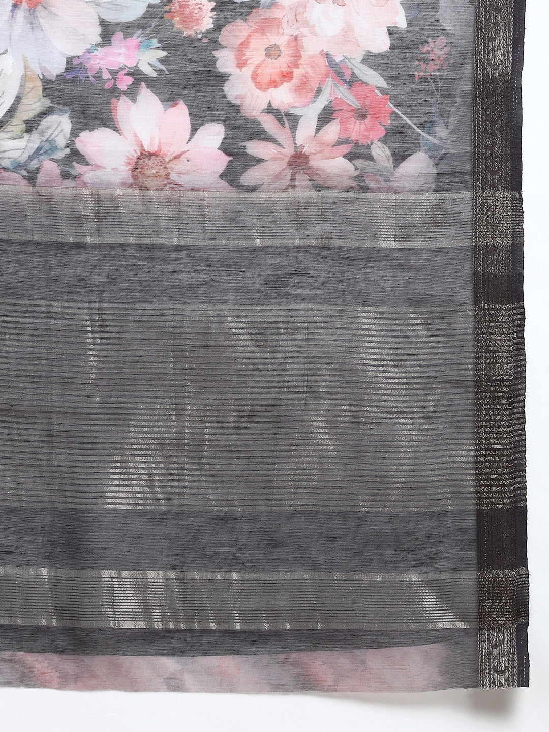 Semi Linen Floral Print Light Black & Pink Colour Semi Linen Saree SL78-Zari view