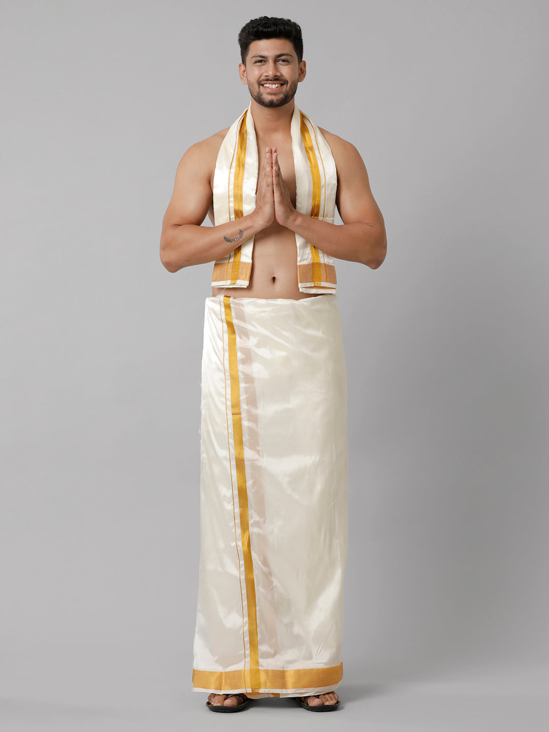 Mens Art Silk Double Dhoti Cream with Gold Jari Border 3/4 & Towel Set Kara Yoga-Front view