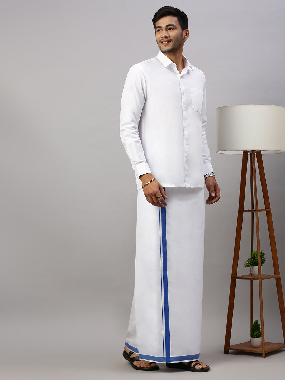 Mens Elegant Look Cotton Single Dhoti with Blue Fancy Border