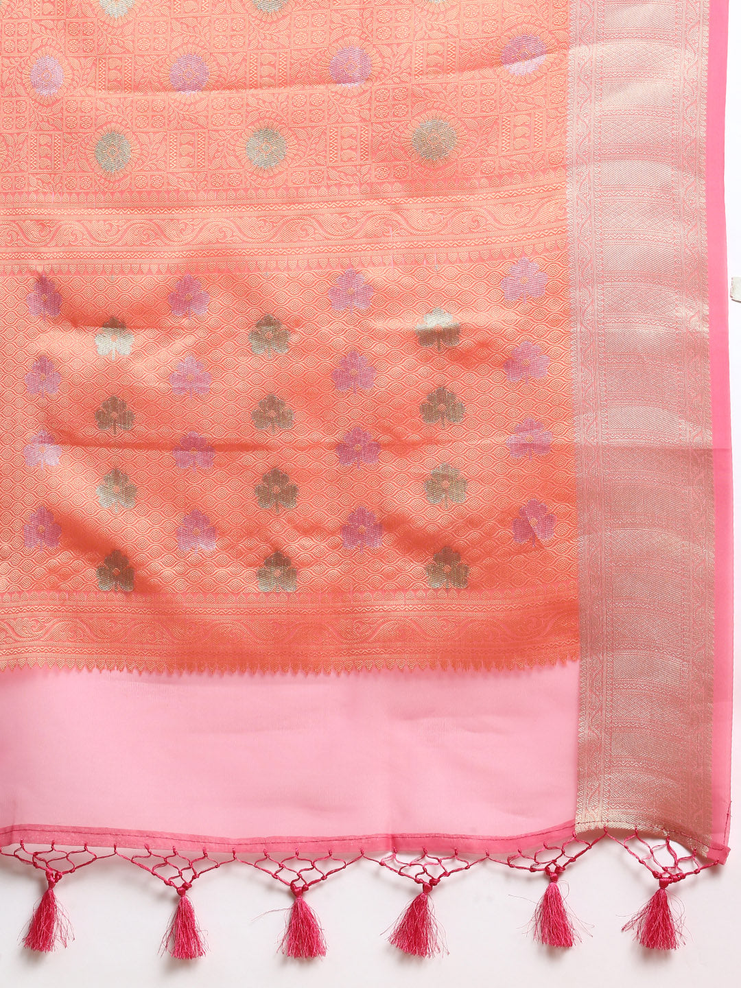 Semi Kora Cotton Allover Design Saree Light Orange & Pink with Zari Border SKCW04-Zari view